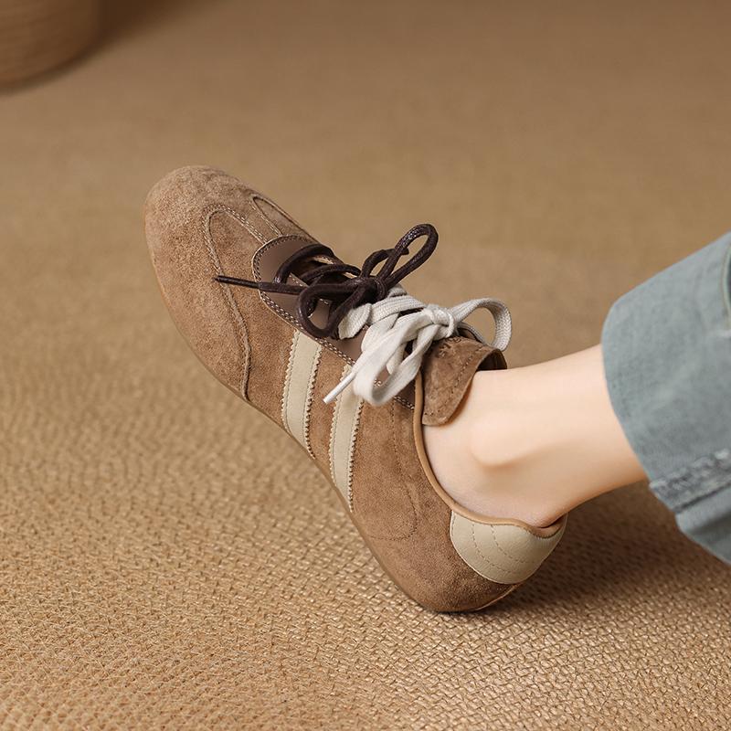 Fashion Women's Sneakers 2025 New Genuine Leather Ladies Moral Training Shoes Casual Spring Flat Shoes Women Lace-up Round Toe Pumps