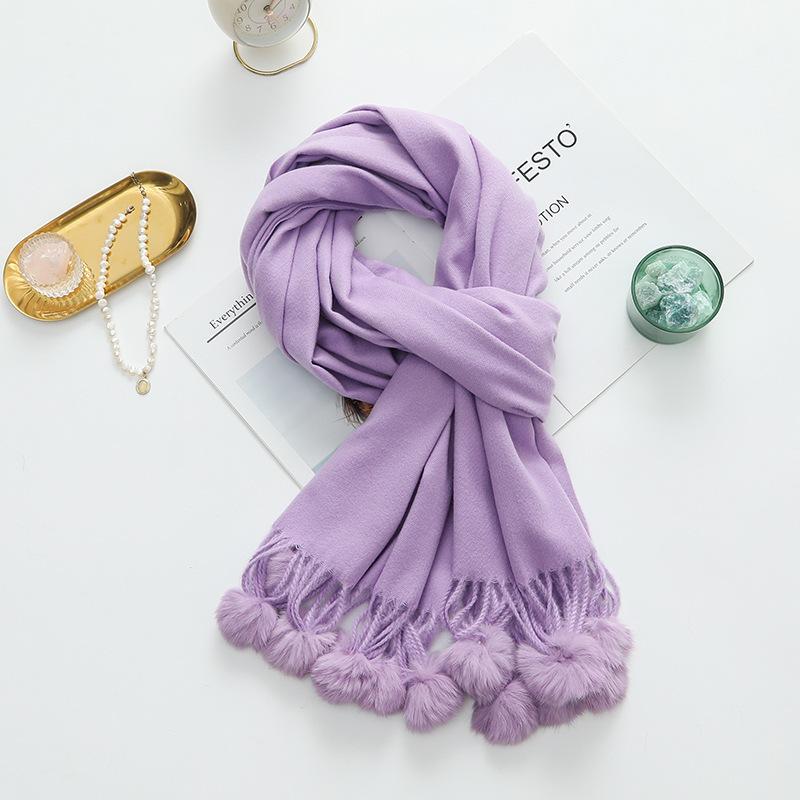 Girls Cute Imitation Cashmere Scarf Women's Winter Warm Solid Color Big Rabbit Fur Ball New Scarf Shawl