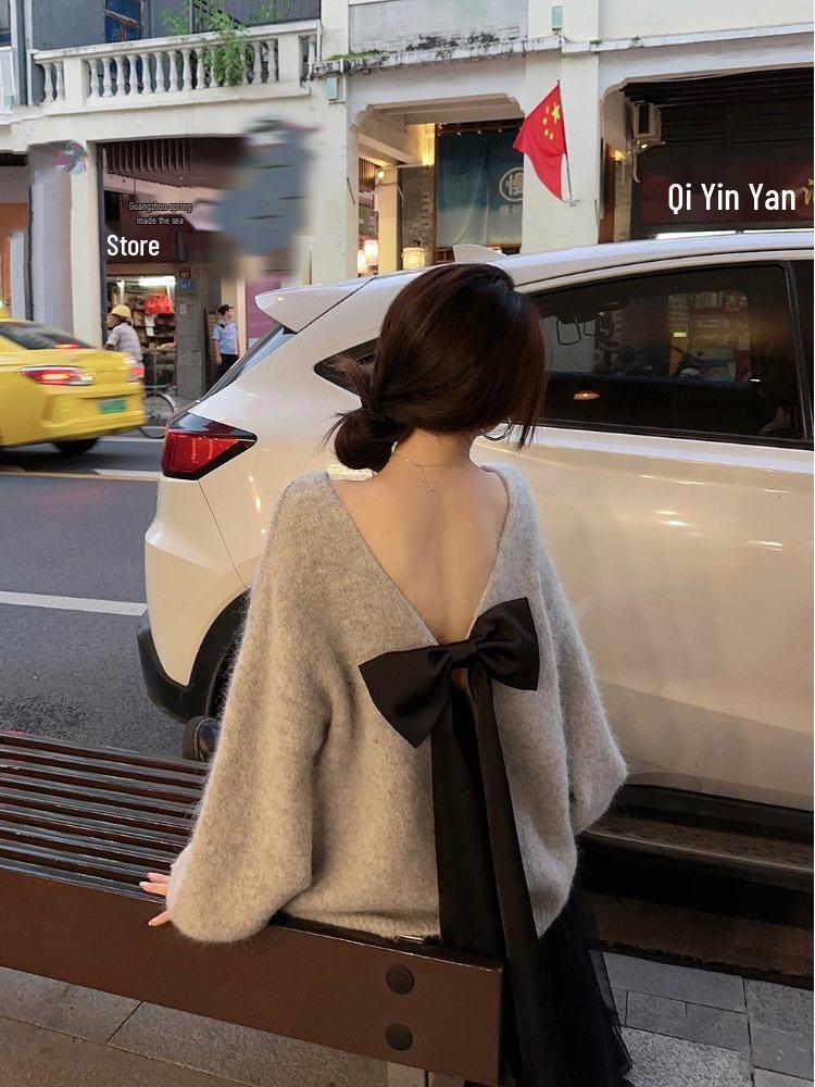 Šedý úpletový svetr s mašlí v korejském stylu: Módní, Zeštíhlující, Streetový styl pro podzimní ženy