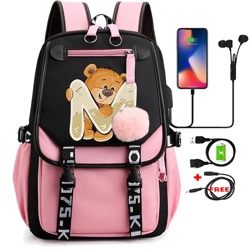 

Милий маленький ведмедик 26 англійських літер Студентська шкільна сумка Рюкзак на відкритому повітрі для дівчинки-підлітка з мультфільмом Книжкова сумка для ноутбука Дорожній рюкзак