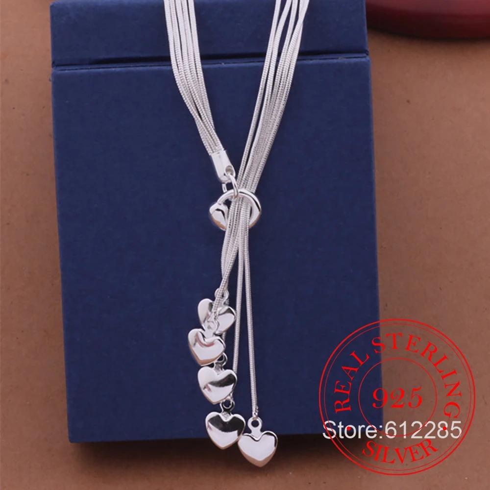 925 Silver Necklace 925 Silver Fashion Jewelry 5 Charm Heart Tassel Pendant Necklace for Women /asgajjna Axkajora