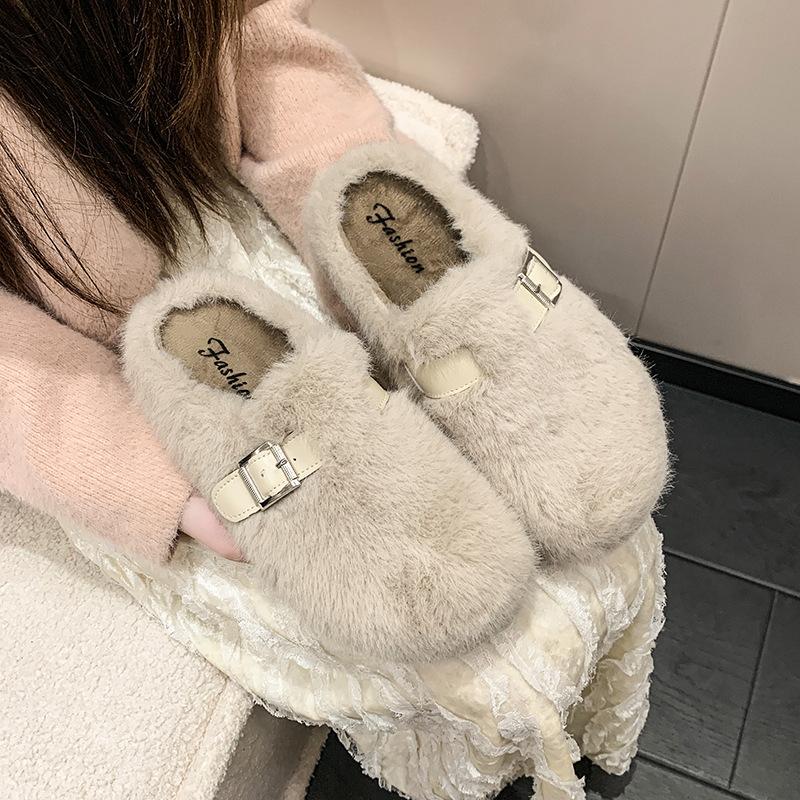 Premium Mink Hair Thick-soled Fluffy Slippers for Women To Wear 2025 Autumn and Winter New Fluffy Shoes Bag Head Cotton Slippers