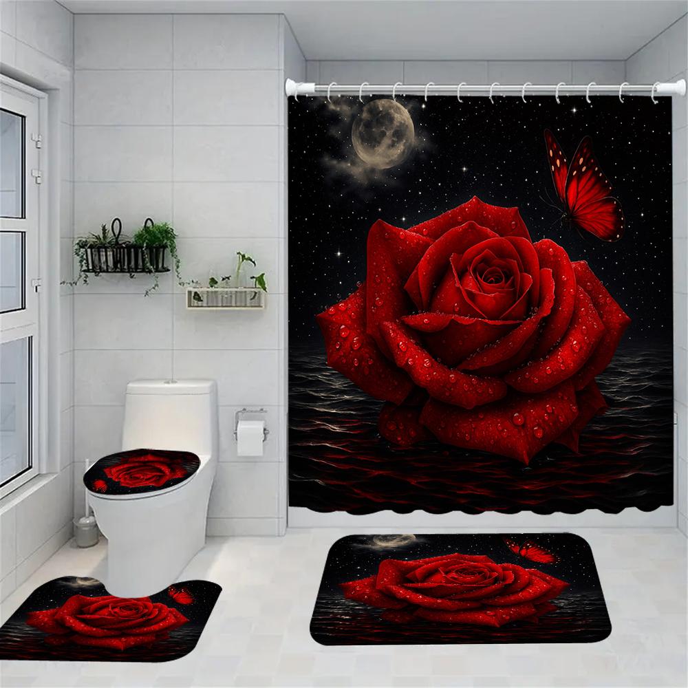 1/4 Rose Print Shower Curtains, Toilet Seat Decoration, Shower Curtain With Carpet And Toilet Lid, 70.8X70.8 Inch