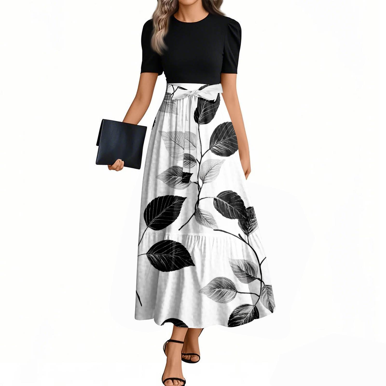 

Женские модные повседневные платья с поясом, короткими рукавами и круглым вырезом, с принтом, элегантные, темпераментные XXL белый