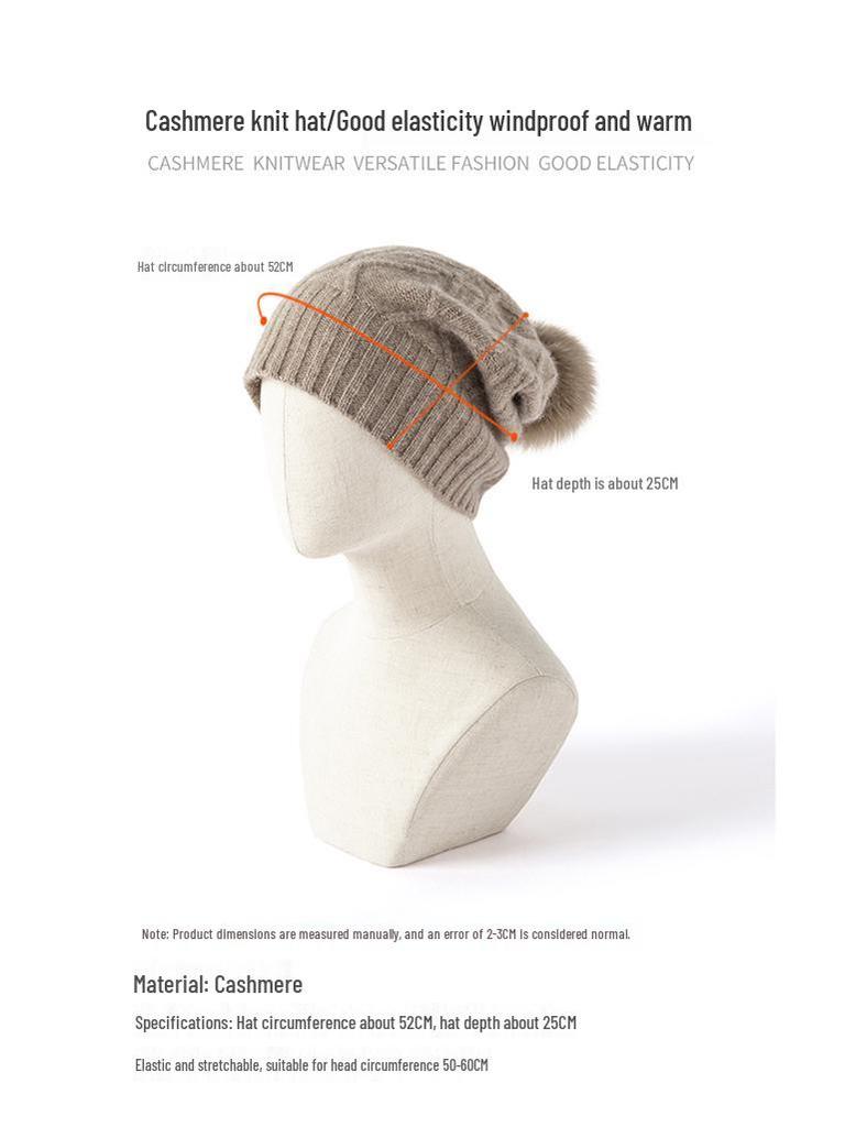 Cashmere Hat with Detachable Fox Fur Pompom, Cable Knit, Warm Ear Protection, Street Style for Autumn & Winter