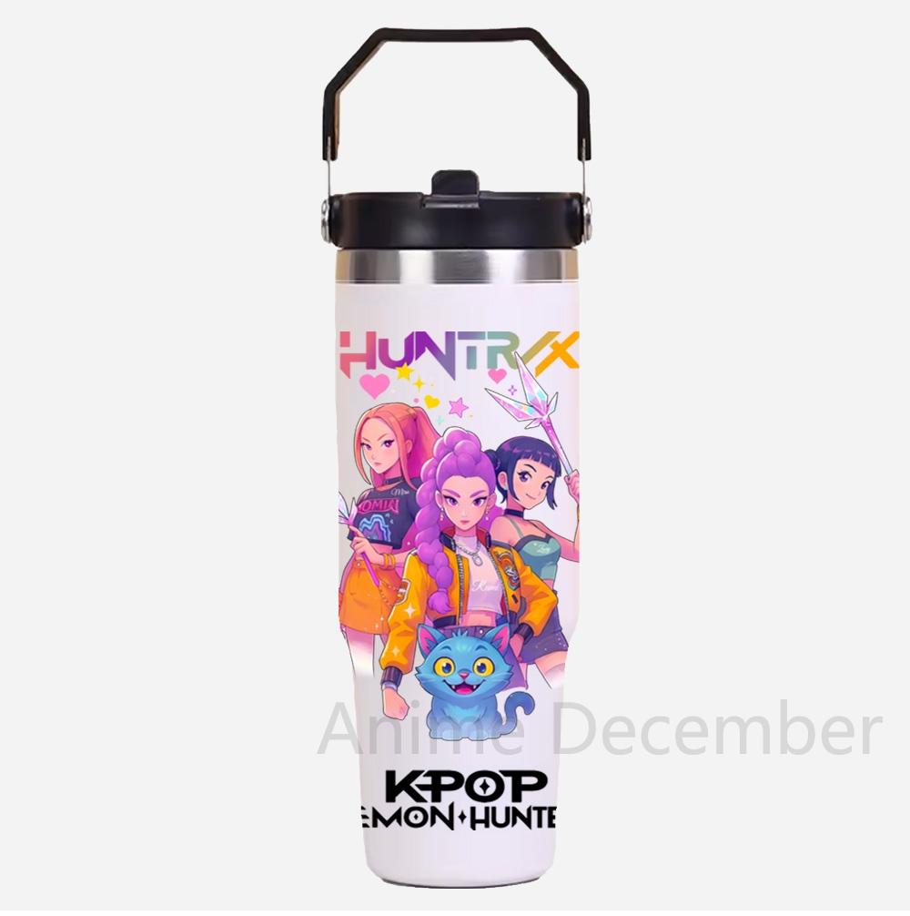 30Oz K-Pop Portable Car Cup Stainless Steel Thermos Cup with Straw Travel Sports Water Bottle with Handle Cover Coffee Vacuum Flask