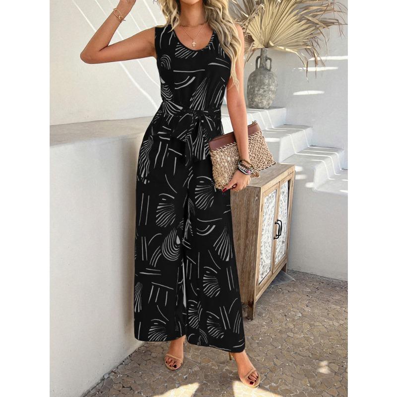 Summer Leisure and Vacation Style Printed High Waist Pocket Jumpsuits