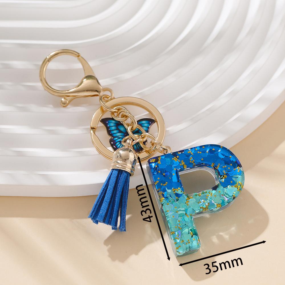 1pc Alloy Alphabet Initial Keychain Royal Blue Butterfly & Tassel Letter Keychain for Backpack Charm Accessory Key Ring Findings