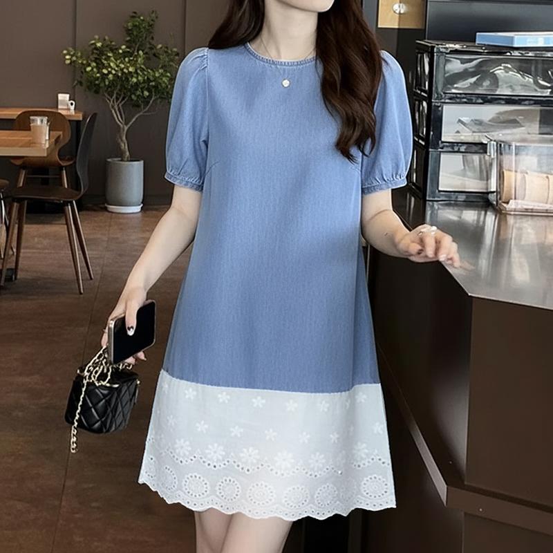 ZANZEA Women Casual Round Neck Lace Splice Hen Summer Short Sleeve Dress S светло-синий