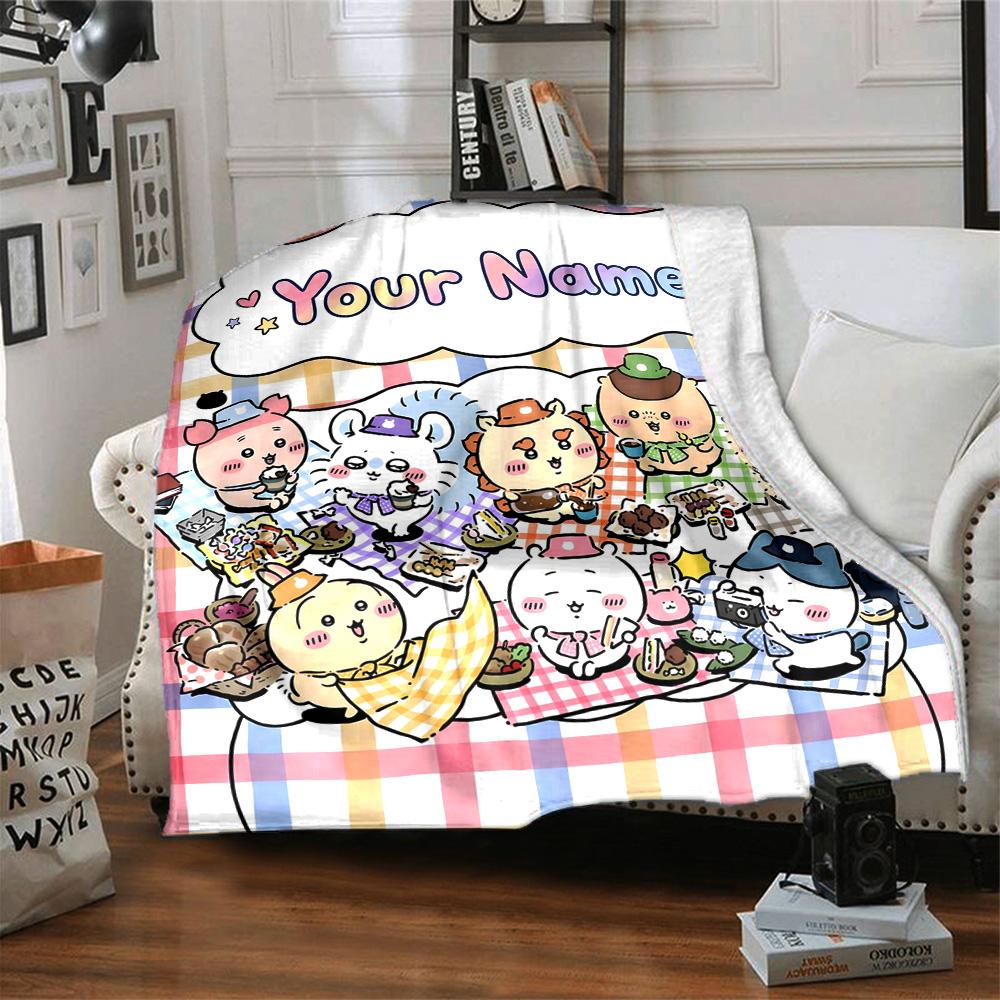1pc Chiikawa Blanket with Custom Name, Gift, for Men and Women, Soft Blanket, Good for Sofa Bed Couch Travel, Lightweight Flannel Blanket