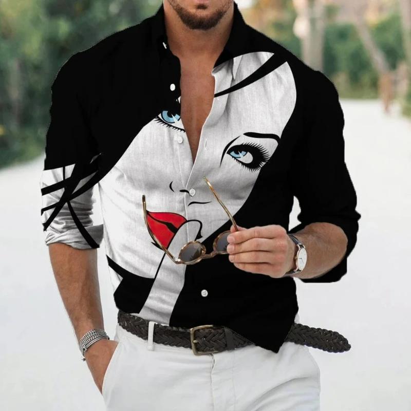 Fashion Long Sleeve Lapel Button Up Plus Size Shirt Men 3d Print Blouse