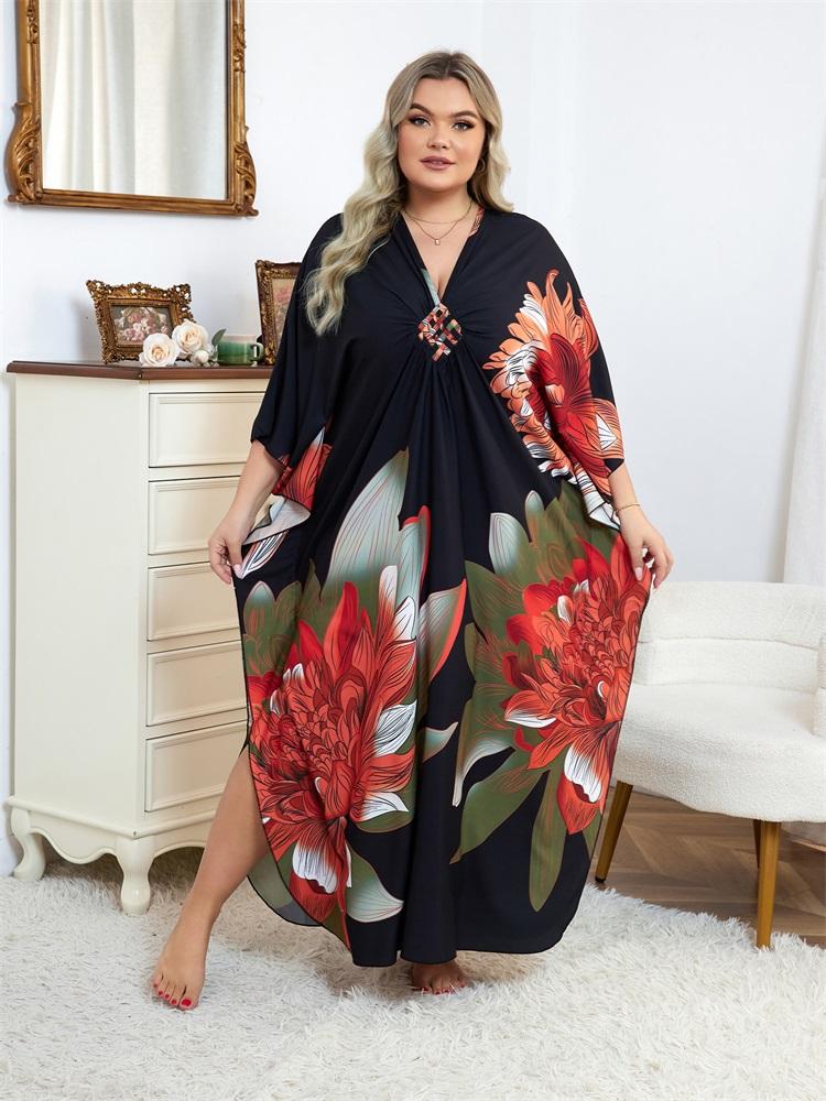 Plus Size Women Kaftan House Robe Bohemian Printing V Neck Homewear Beach Wear Bathing Suit Cover Up