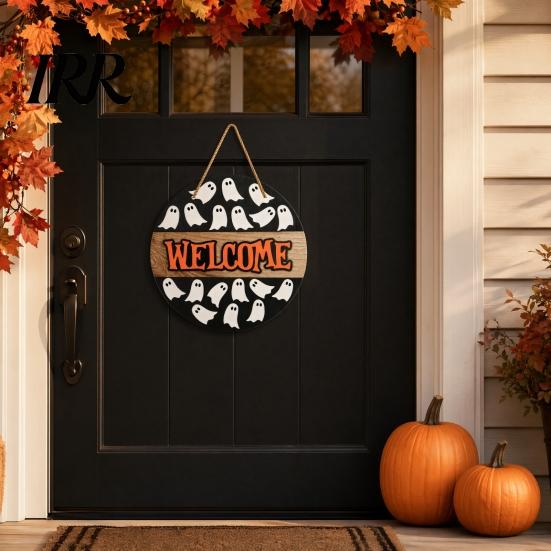 Haunted House Door Sign Halloween Hanging Sign, Wooden Front Hanger Wreath, Cute Eye-catching Ghost Welcome for Porch Wall Indoor Home Decoration