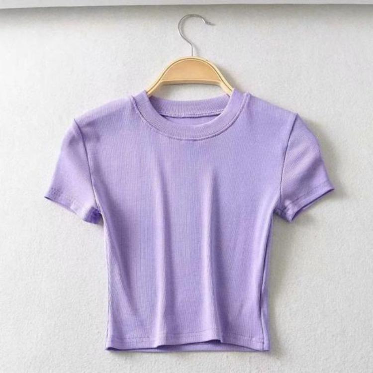 Women Casual Crop Top Summer Slim Fit Stretchy Solid Color Short Sleeve Waist Exposed Soft Breathable Lady T-shirt