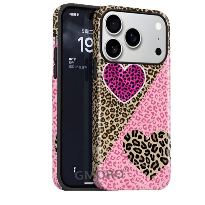 Ozon Popular Splicing Leopard Print Love Apple 16 Magnetic Mobile Phone Case Two-in-one Film Case iPhone17 Anti-drop