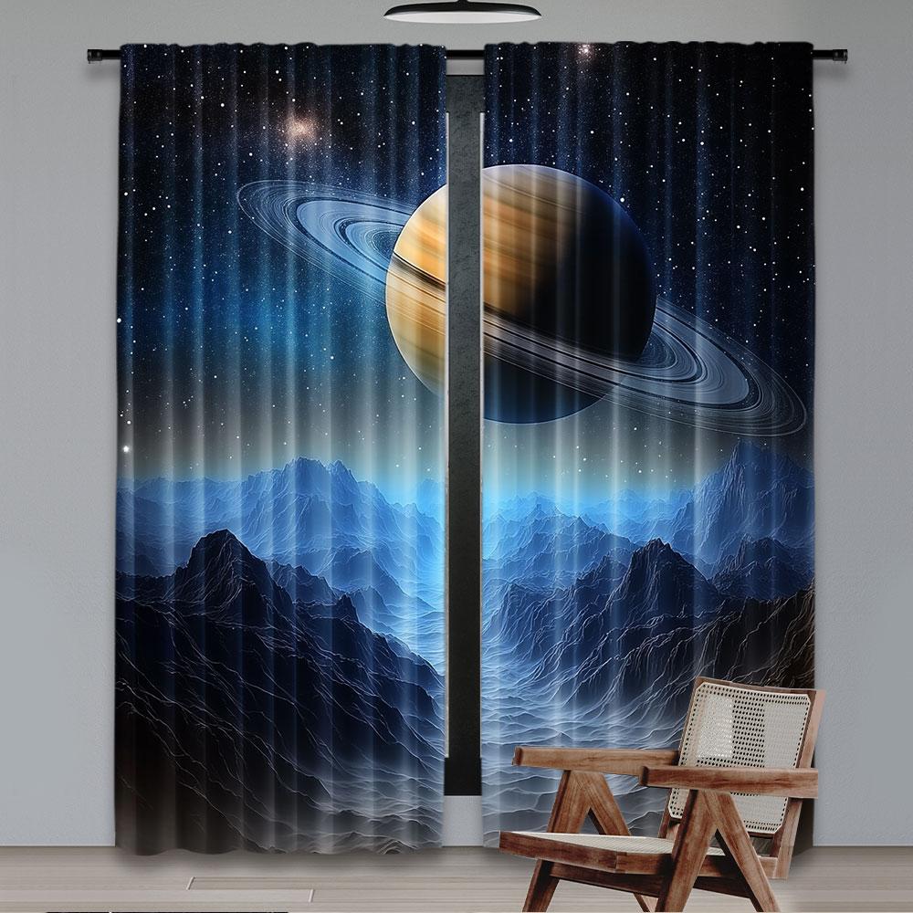 Set Of 2 Starry Night Galaxy Curtains Aesthetic Art Popular Cosmic Planet Suitable Bedroom Living Room Curtain Polyester Perfect For Sitting
