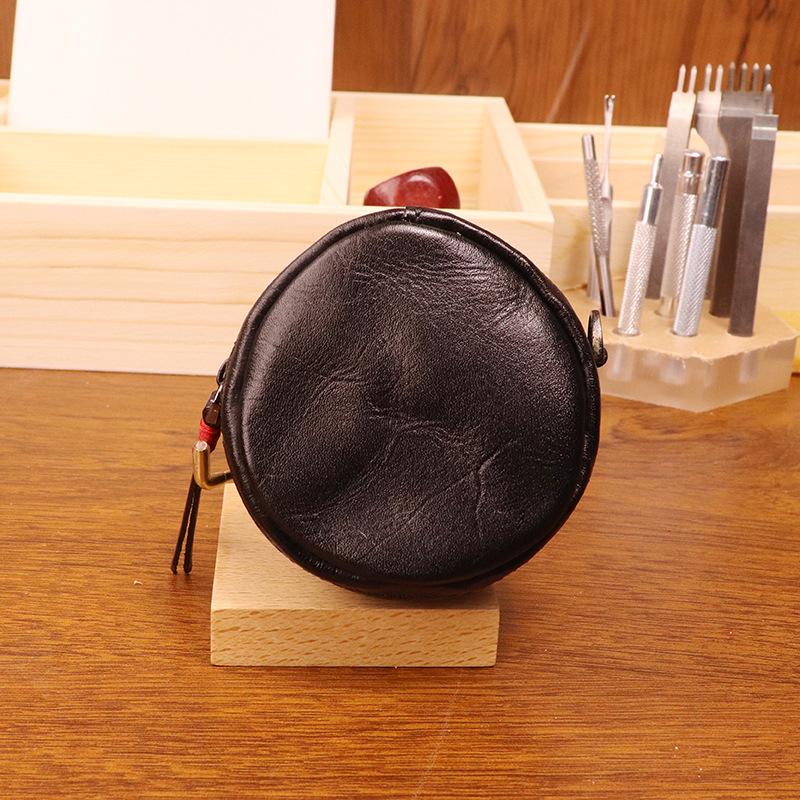 

Vegetable Tanned Cowhide Coin Purse, Vintage Handmade Color Polishing, Vintage Round Personalized Coin Bag, Headphone Bag, Compact for Women чёрный