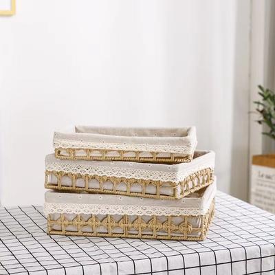 Hand Woven Desktop Weaving Basket Hollow Out Rectangular Cosmetics Organizer Tray Stylish Bohemia Straw Storage Basket Bin