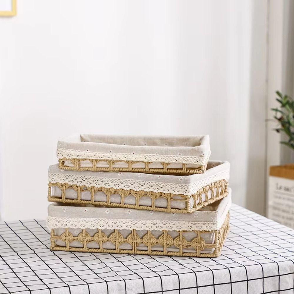 Hand Woven Desktop Weaving Basket Hollow Out Rectangular Cosmetics Organizer Tray Stylish Bohemia Straw Storage Basket Bin