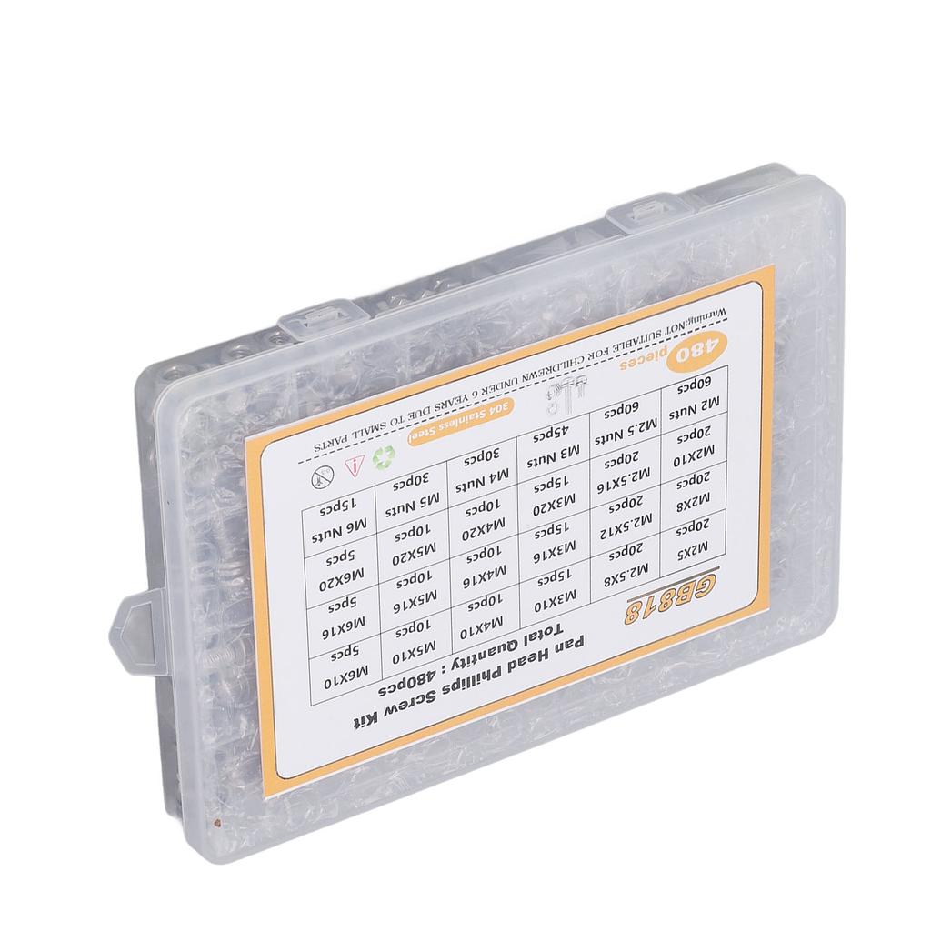 480PCS Screw Kit Pan Head Cross 304 Stainless Steel Screw Nut Washer Assortment Kit M2 M2.5 M3 M4