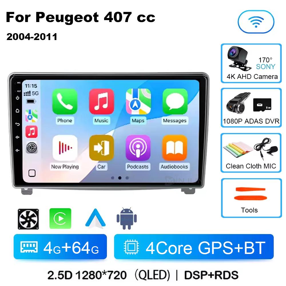 Android 14 Car Radio Player for Peugeot 407 Cc 407 Sw 2004 - 2011 Qualcomm Car Multimedia Stereo Radio GPS Carplay Touch Screen