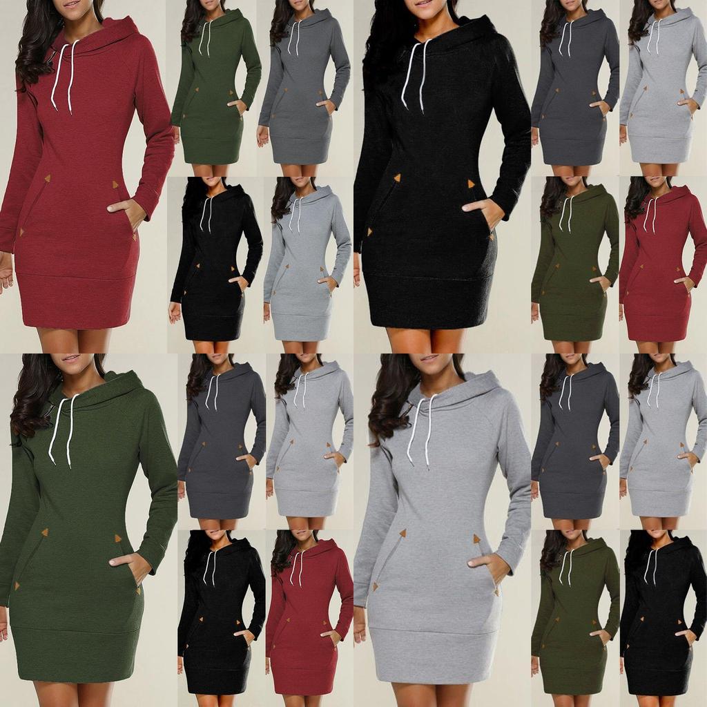 Womens Hooded Mini Dress Casual Long Sleeve Sweatshirt Jumper Slim Fit With Pockets