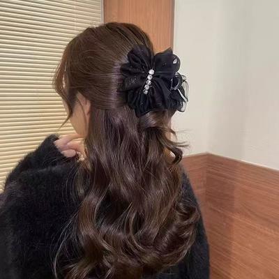 Quality Material Hair Claw Mesh Design Pleated Bow Grab Clip Black Rhinestone Decoration Ponytail Hair Clip for Women