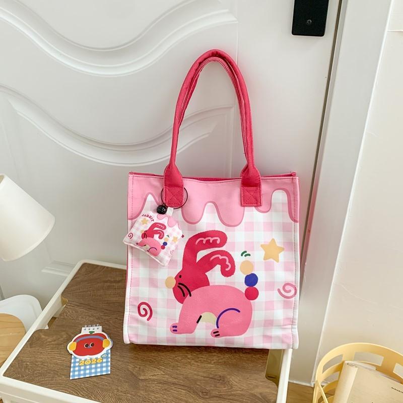 

Cat Dinosaur Cartoon Animal Pattern Canvas Lunch Box Bag For Preschooler Handbag Pink Bunny