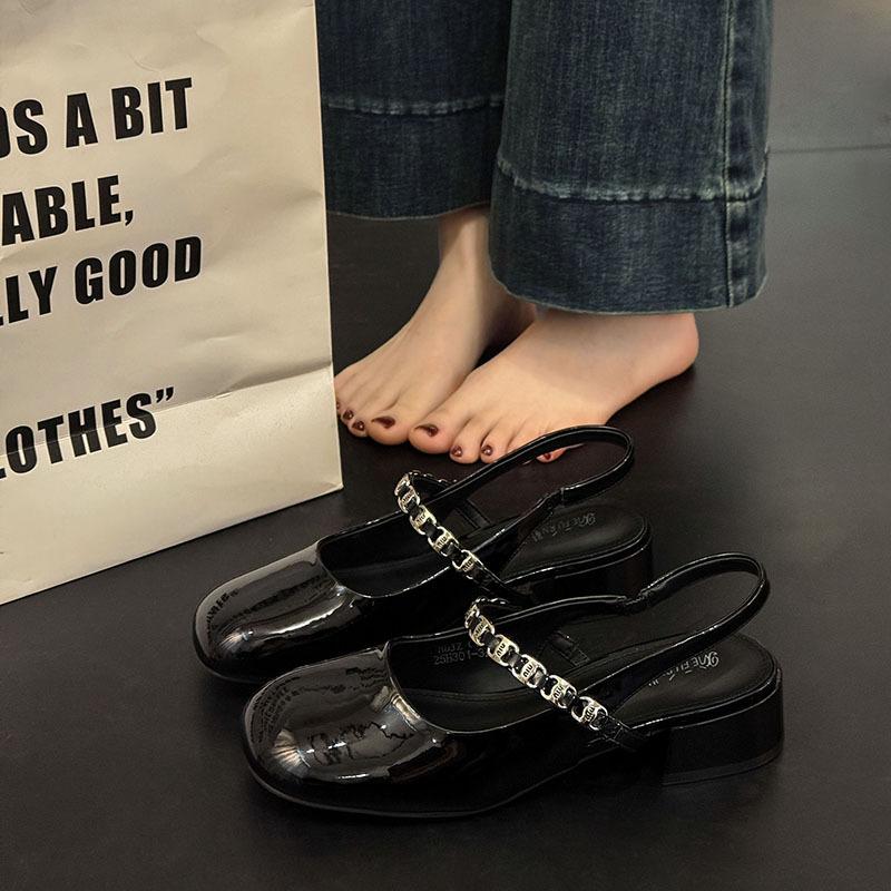 Mary Jane bag head sandals women's summer 2025 new square head thick heel middle heel versatile rear empty diamond belt sandals women