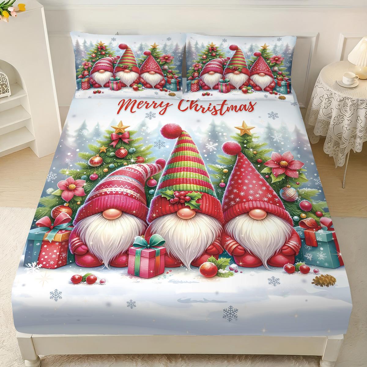 

3Pcs Merry Christmas Goblin Printed Coreless Bed Sheet Set, Multiple Sizes Soft Bed Covers Bedroom Bedding Decorations 90x191cm