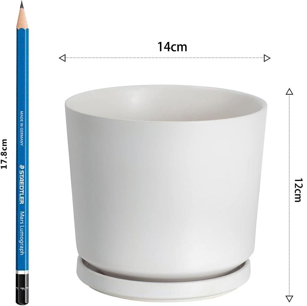 Ekirlin Flower Ceramic with with Potted Indoor 14cm Pot, Pot, Planter, No. 5, Saucer, Holes, White, Stylish, Pot, Plant, Interior, Room, Office,