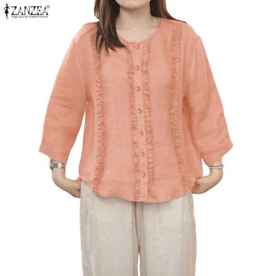 Women Casual Round Neck 3/4 Sleeve Loose Blouse
