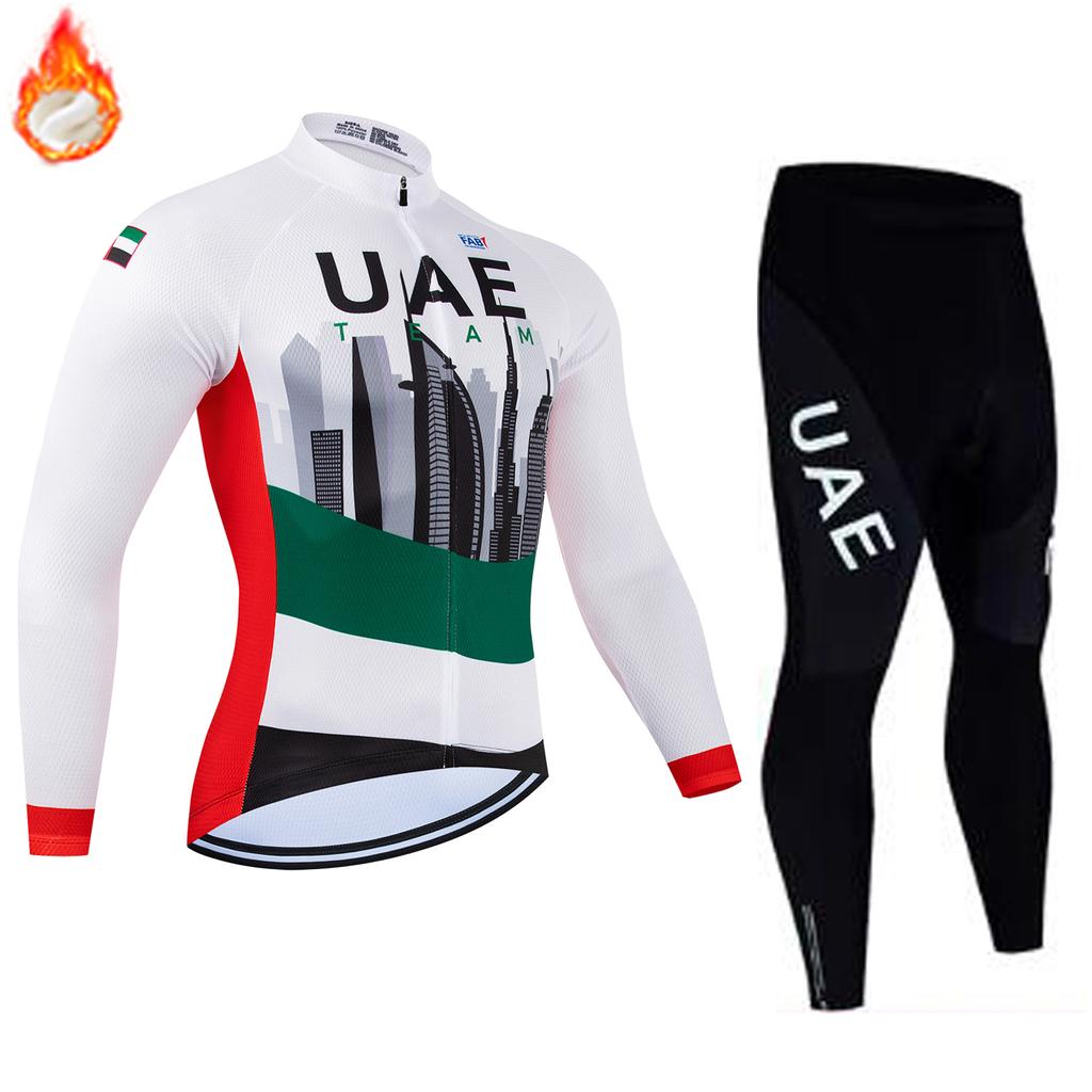 Team UAE Winter Long Sleeve Thermal Fleece Cycling Jersey Set Bib Pants Ropa Ciclismo Bicycle Clothing MTB Bike Jersey Uniform