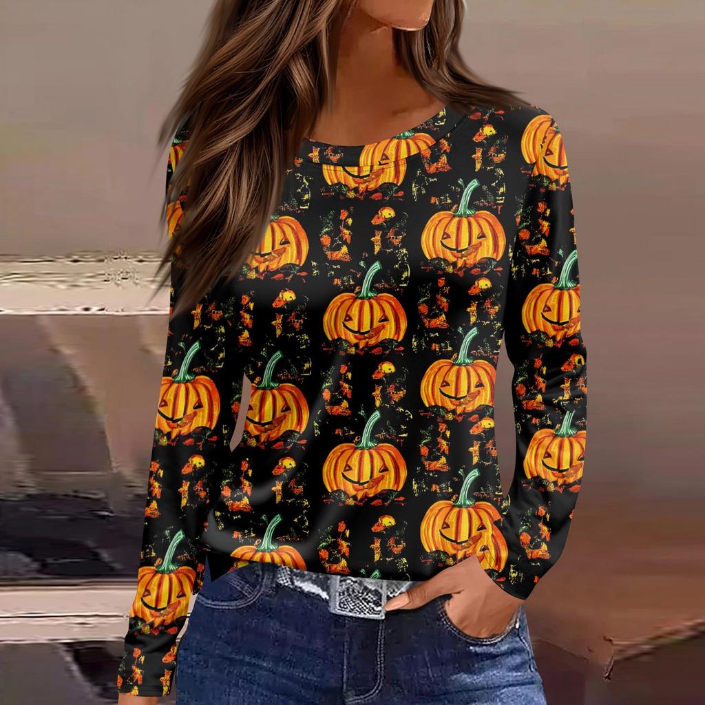 Women's Fashion Casual LongSleeve Print Round Neck Pullover Top Blouse