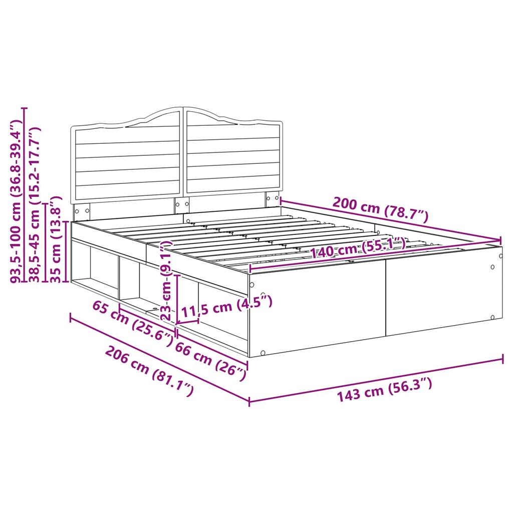 Bed Frame with Headboard  Concrete  140 X 200 Cm Solid Pine Wood