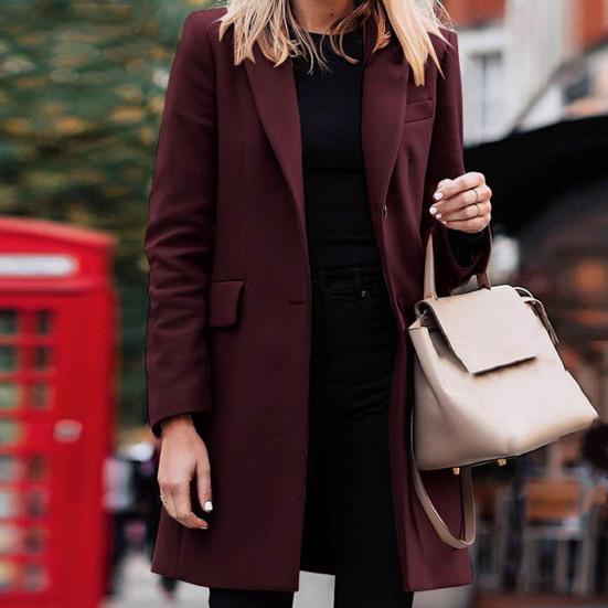 Women Jacket Solid Color Turn-down Collar Single-breasted Long Autumn Blazer for Work