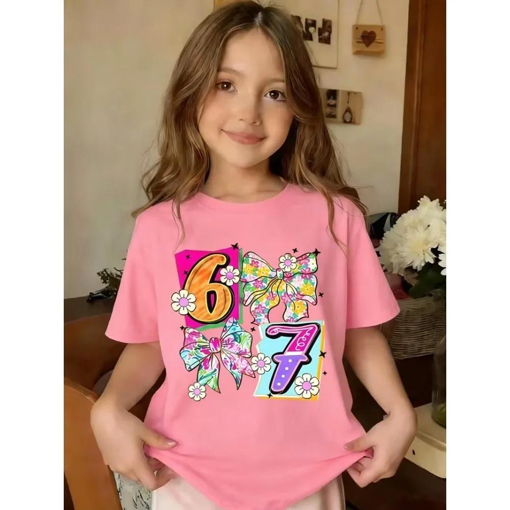 

Summer 67 Bowknot Flower Printer Children s T-shirt Fashion Kids Clothing Casual Boys Girls Short Sleeve Trendy Tees Tops 100