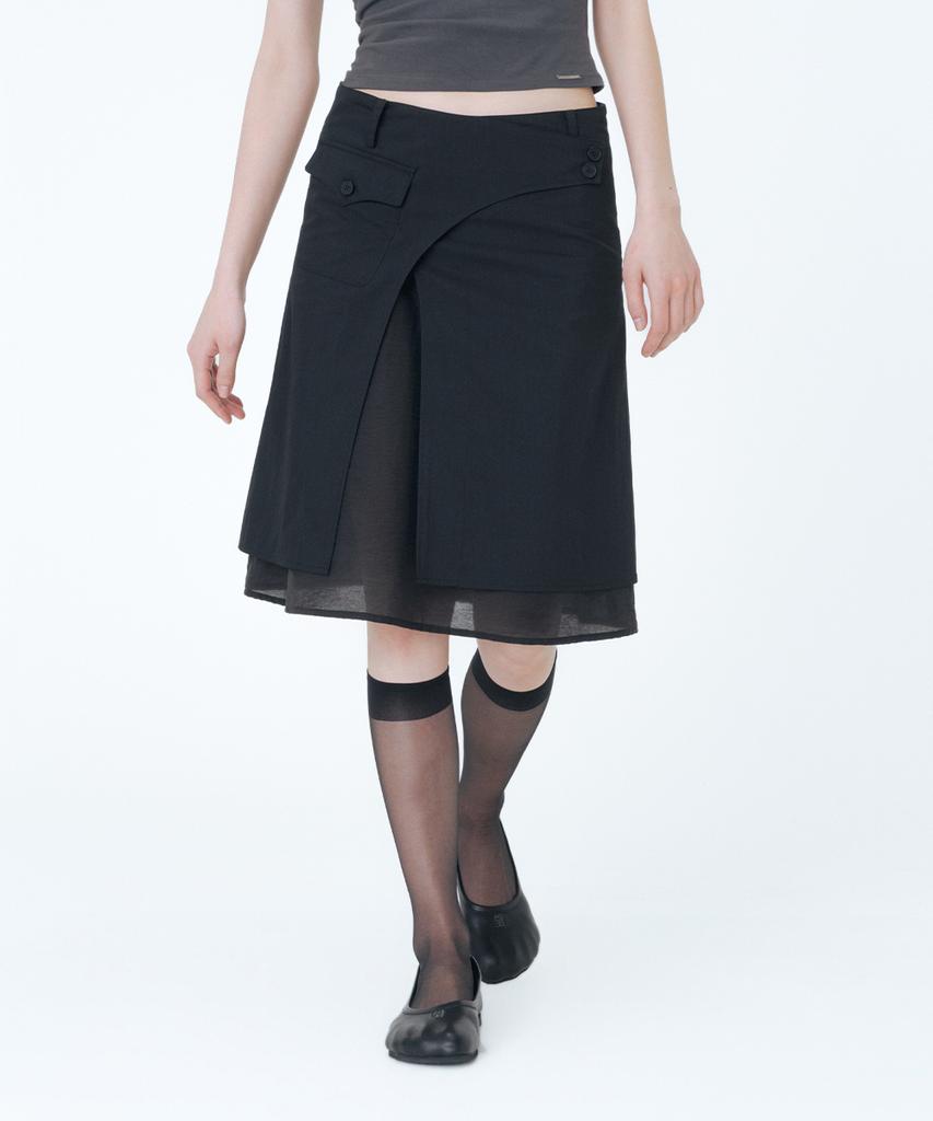 Miseki Seoul Side Sheer Layered Midi Wrap Skirt Black