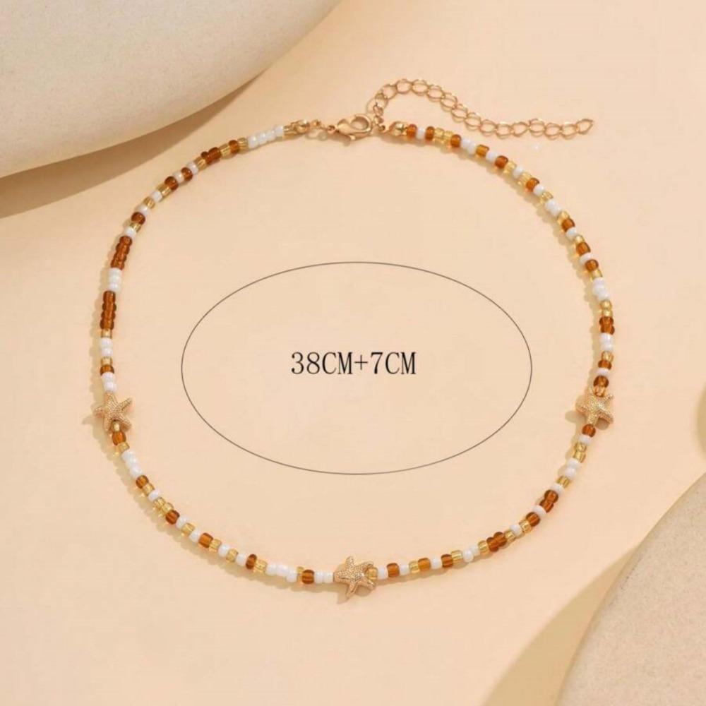 Bohemian Rice Beads Starfish Pendant Necklace for Women Handmade Imitation Pearl Colorful Beaded Choker Summer Beach Jewelry