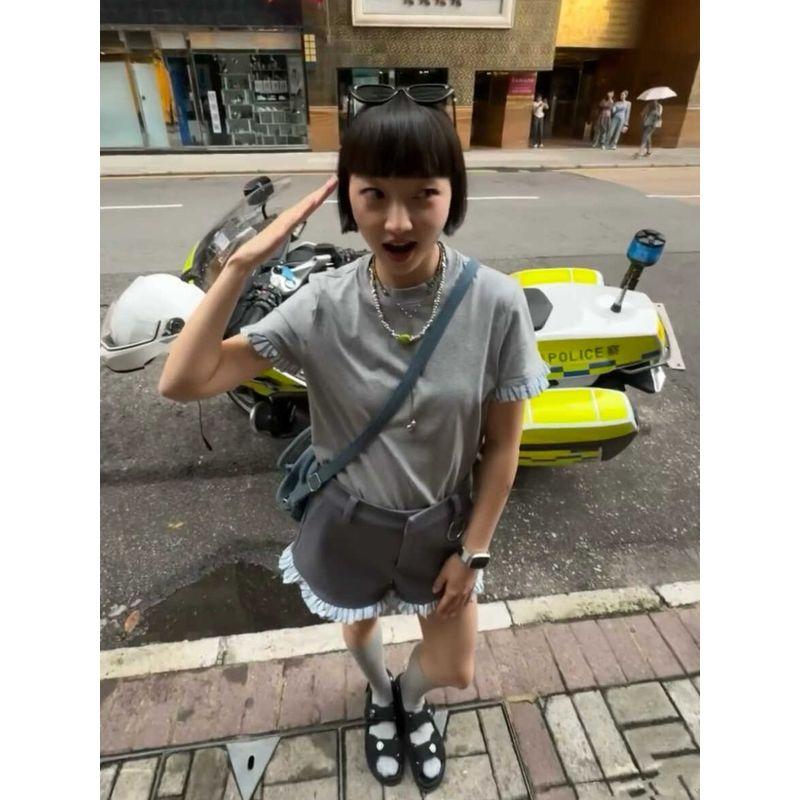 Chic Niche Design Loose Shoulder Short Sleeve T-shirt Contrast Color Stripes Lace Shorts Casual All-Match Suit