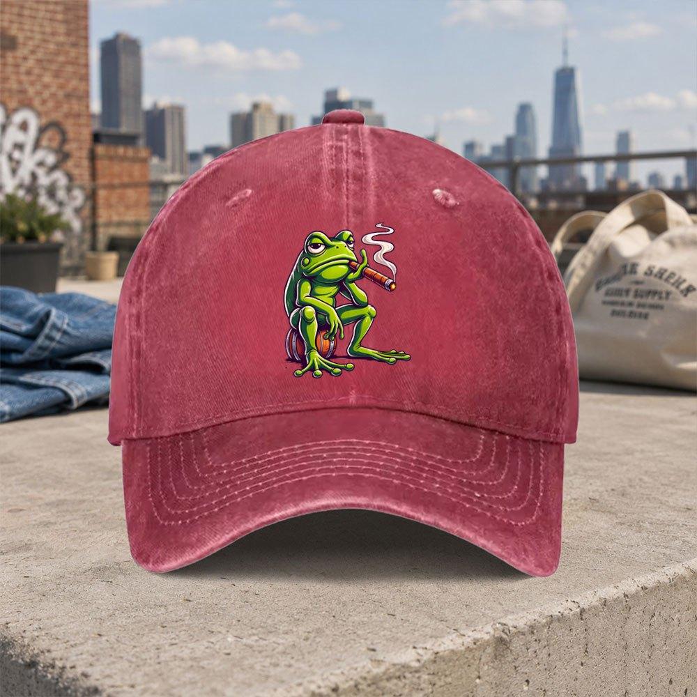Smoking Frog Cap Vintage Washed Duckbill Baseball Hat Hook  Loop Closure Unisex FrogThemed Casual Graduation Gift