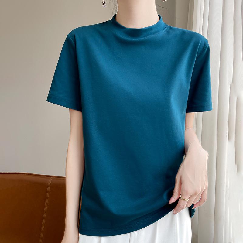 Spring and Autumn Semi-high-necked Cotton Short-sleeved Women's Stand-up T-shirt Joker Loose Sleeve Top Slim Bottom