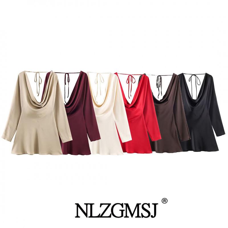 2025 European Style Silk Satin Draped Collar Dress M