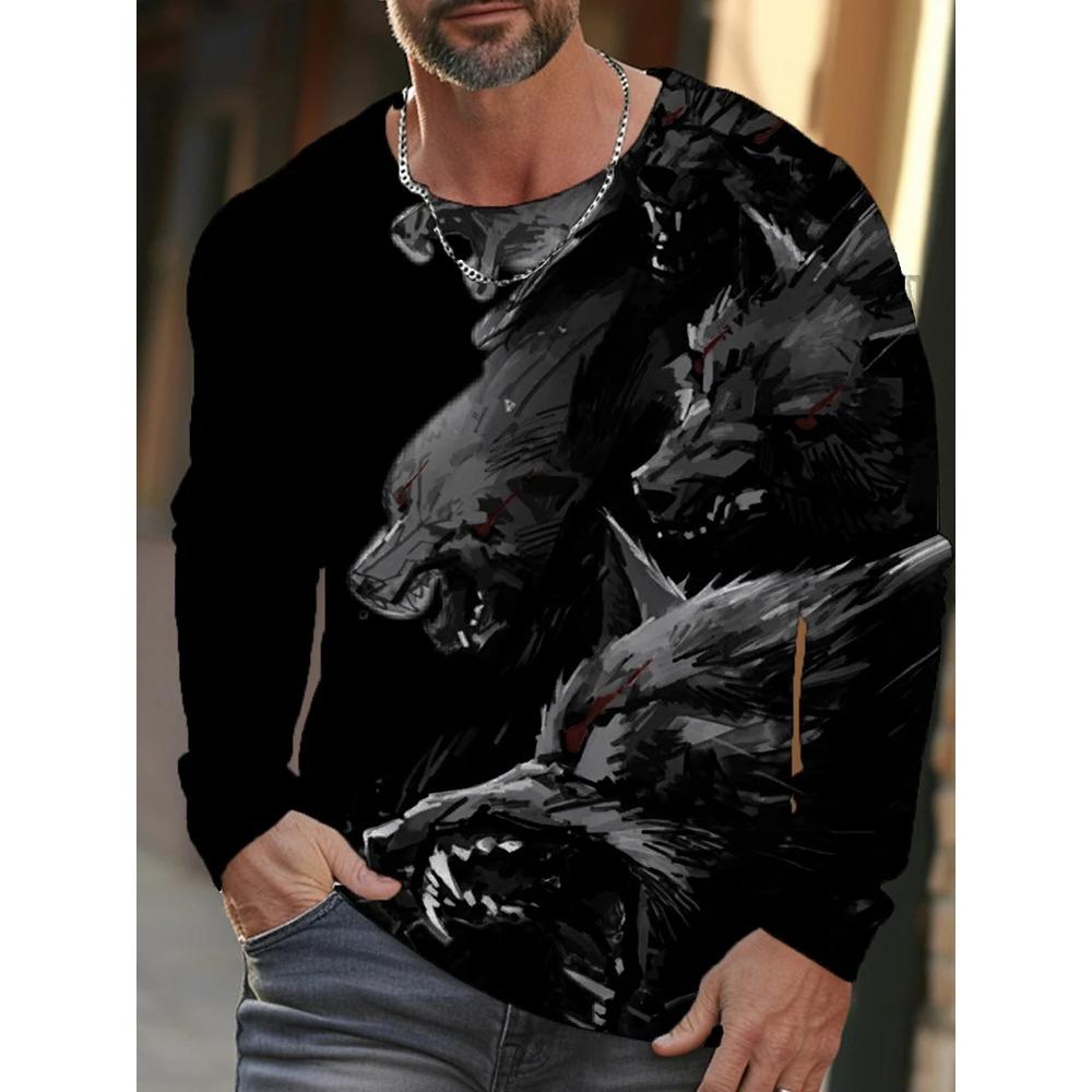 Spring and Autumn Round Neck 3D Animal Wolf Lion Pattern Printed Top Fashionable Casual Long Sleeved Men's T-shirts