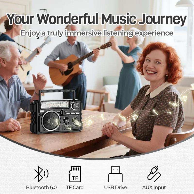 AM FM SW Radio Dual-Antenne Tragbarer Empfang,Solar 1800mAh wiederaufladbare Batterie Bluethooth Musikplayer für Outdoor