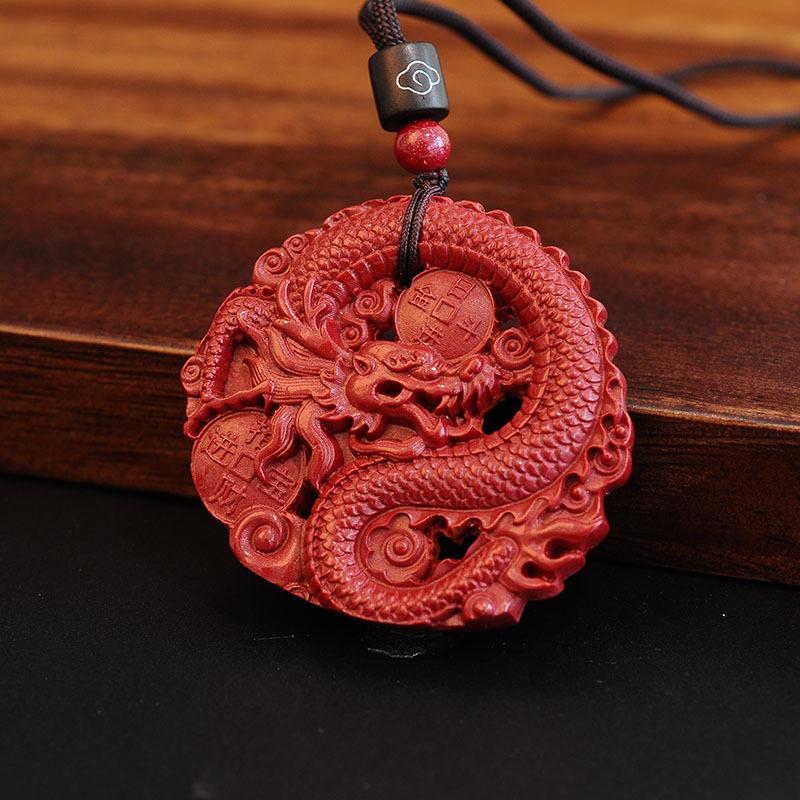Cinnabar Vermilion Dragon Pendant: Auspicious Openwork Design for Peace and Prosperity