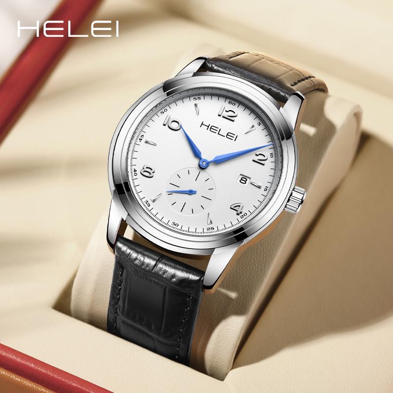 HELEI Men's Quartz Leather Watch - Waterproof, Three-Hand, Single Calendar
