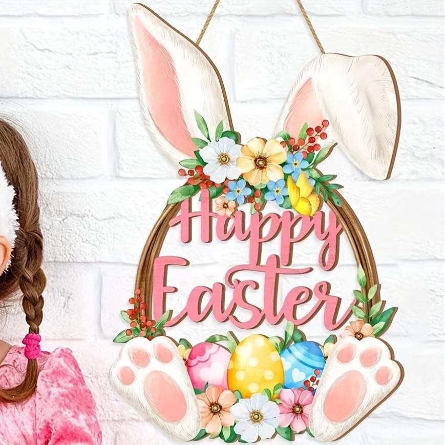 Easter Bunny Wooden Doorplate Decoration Door Sign, Happy Easter Wall Hanging with Floral Decoration