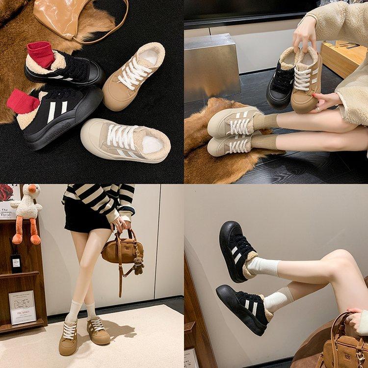 Fleece Retro Bread Shoes Women's 2025 New Winter Warm Versatile Big Head Thick Sole Heightening Sports and Leisure Board Shoes