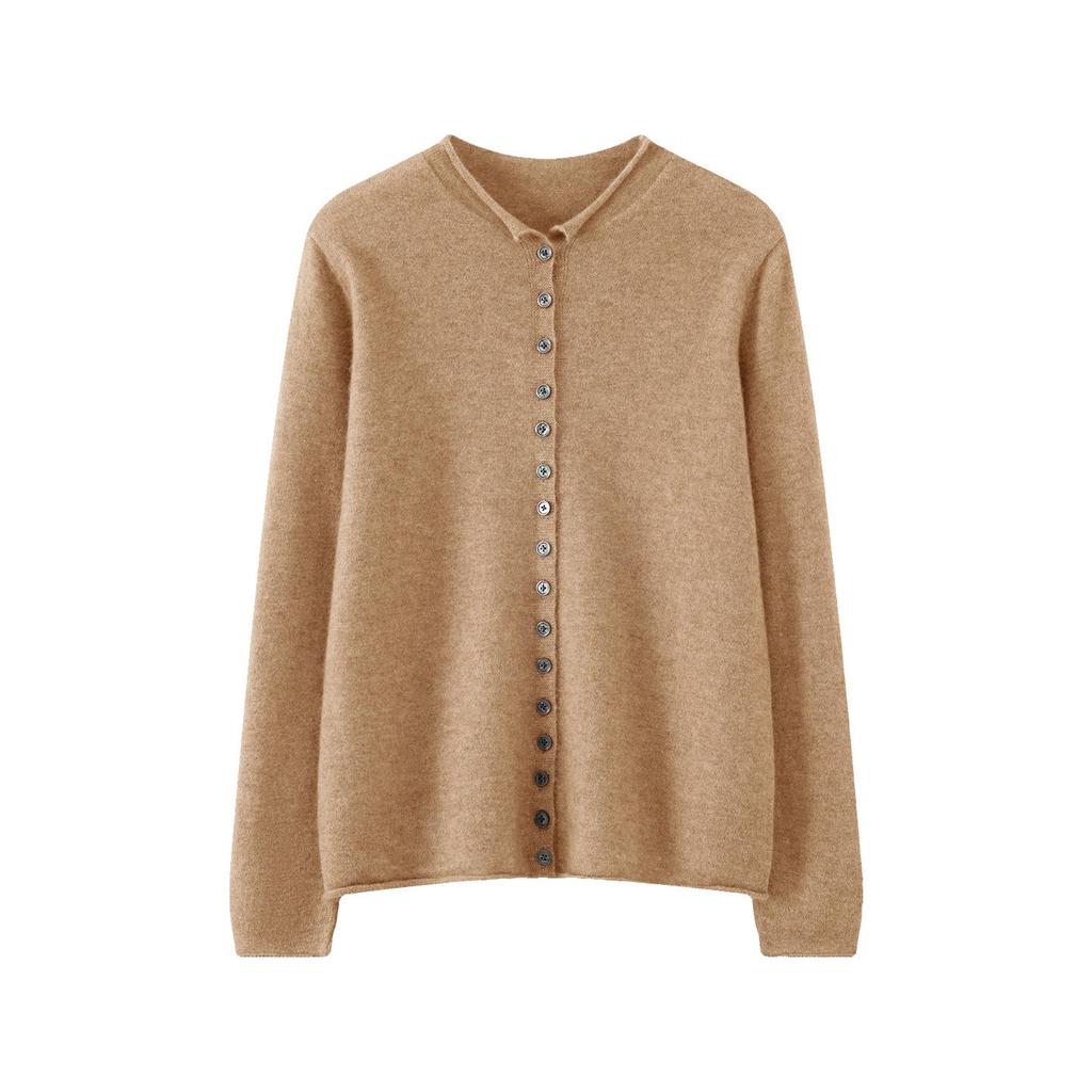 Women's 100% Wool Round Neck Button-Up Cardigan: Autumn/Winter Rolled Hem Knit Sweater